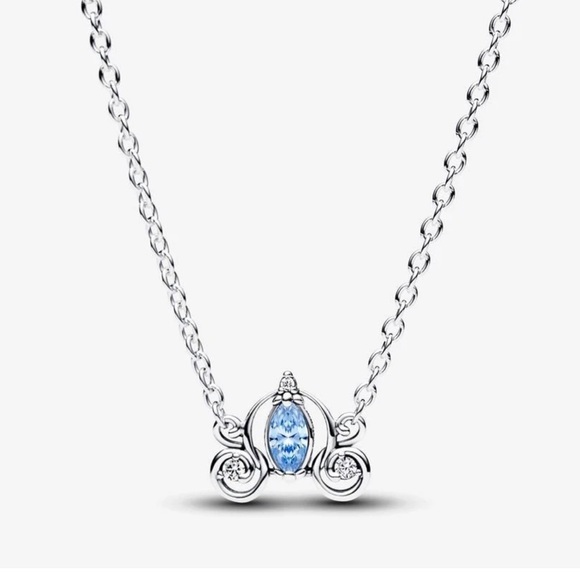 Pandora Silver Necklace with Sparkling Blue Charm Cinderella’s Carriage - Picture 7 of 8